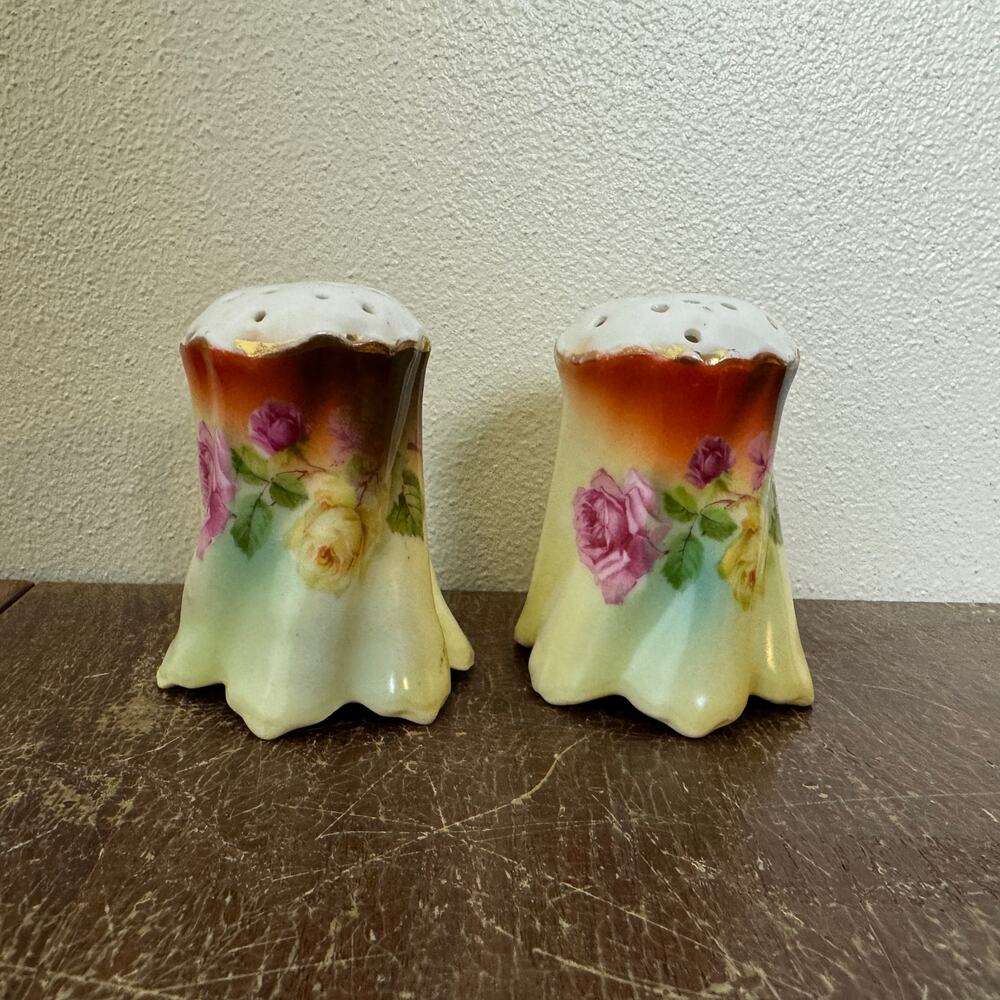 Antique Vintage Germany Porcelain Transferware Floral Salt & pepper‎ Shakers